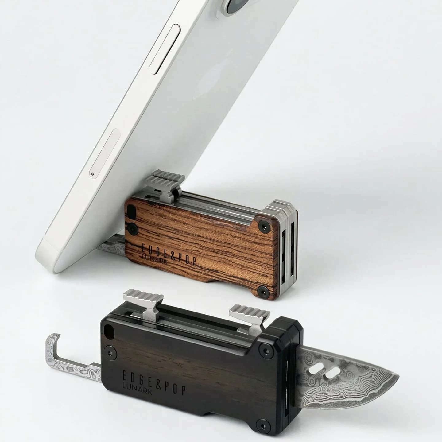 Edge & Pop Dual — A Damascus Slide Knife That Doubles as a Phone Stand and Bottle Opener