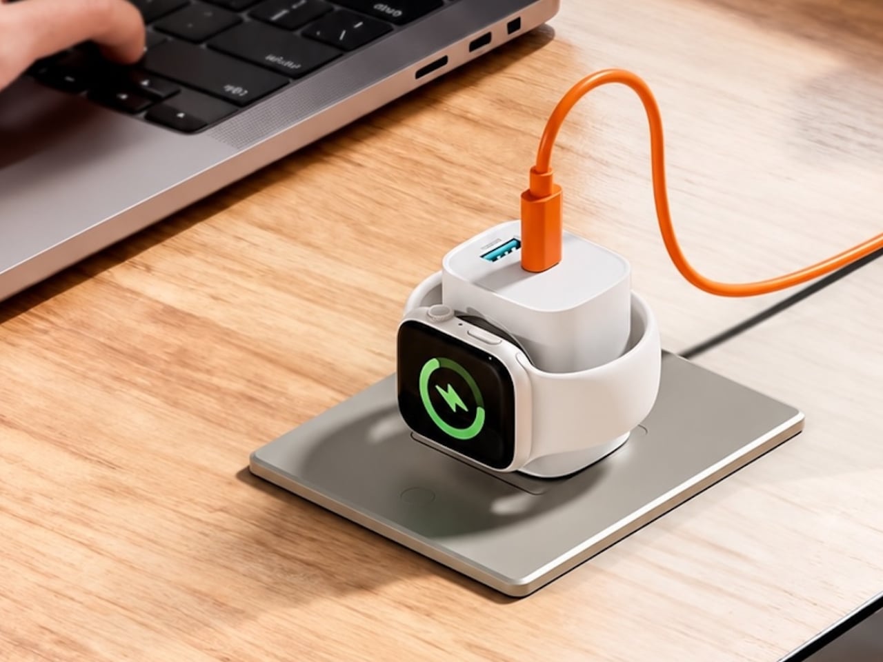 デスクの上でApple Watchを充電中の充電器