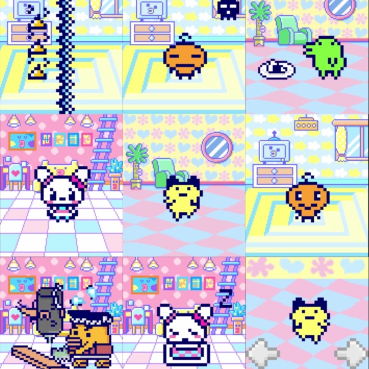 Tamagotchi Ring 화면 UI 모음, 캐릭터가 방 안에서 움직이는 게임 화면들