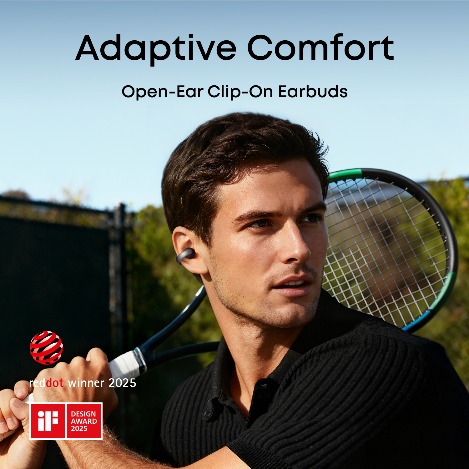 Anker AeroClip 2 outdoor wear shot, a man holding a tennis racket wearing the earbuds