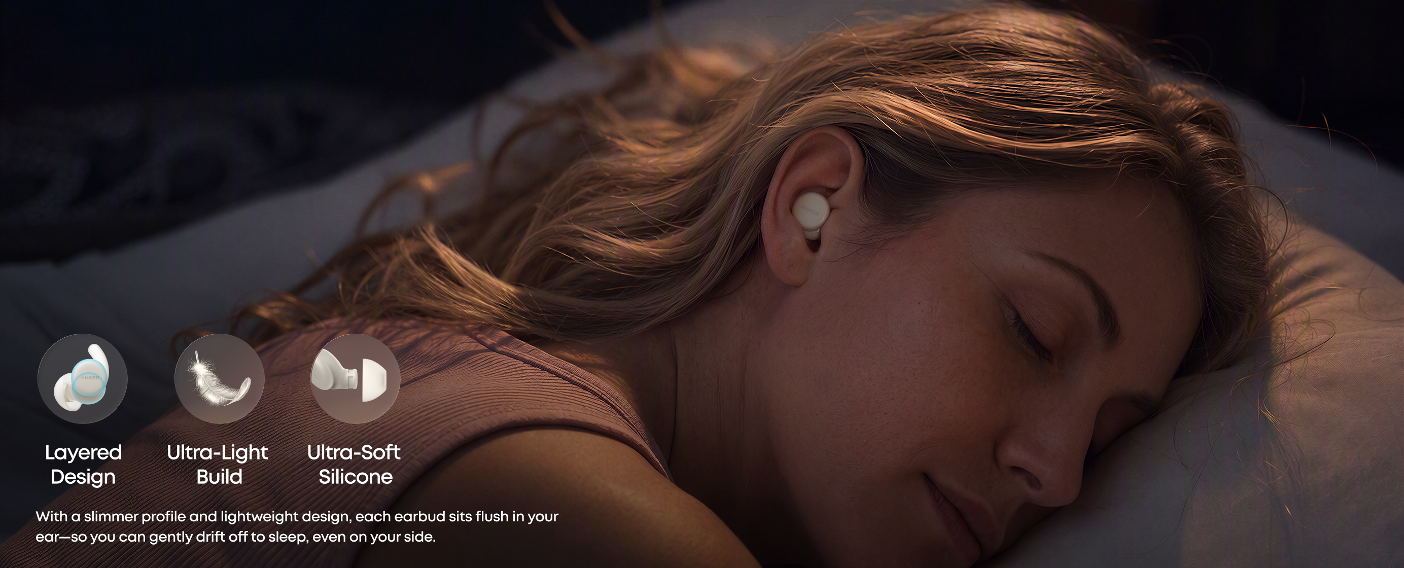 Anker soundcore Sleep Earbuds 4 Pro 디테일 2, 초경량 실리콘 디자인 설명