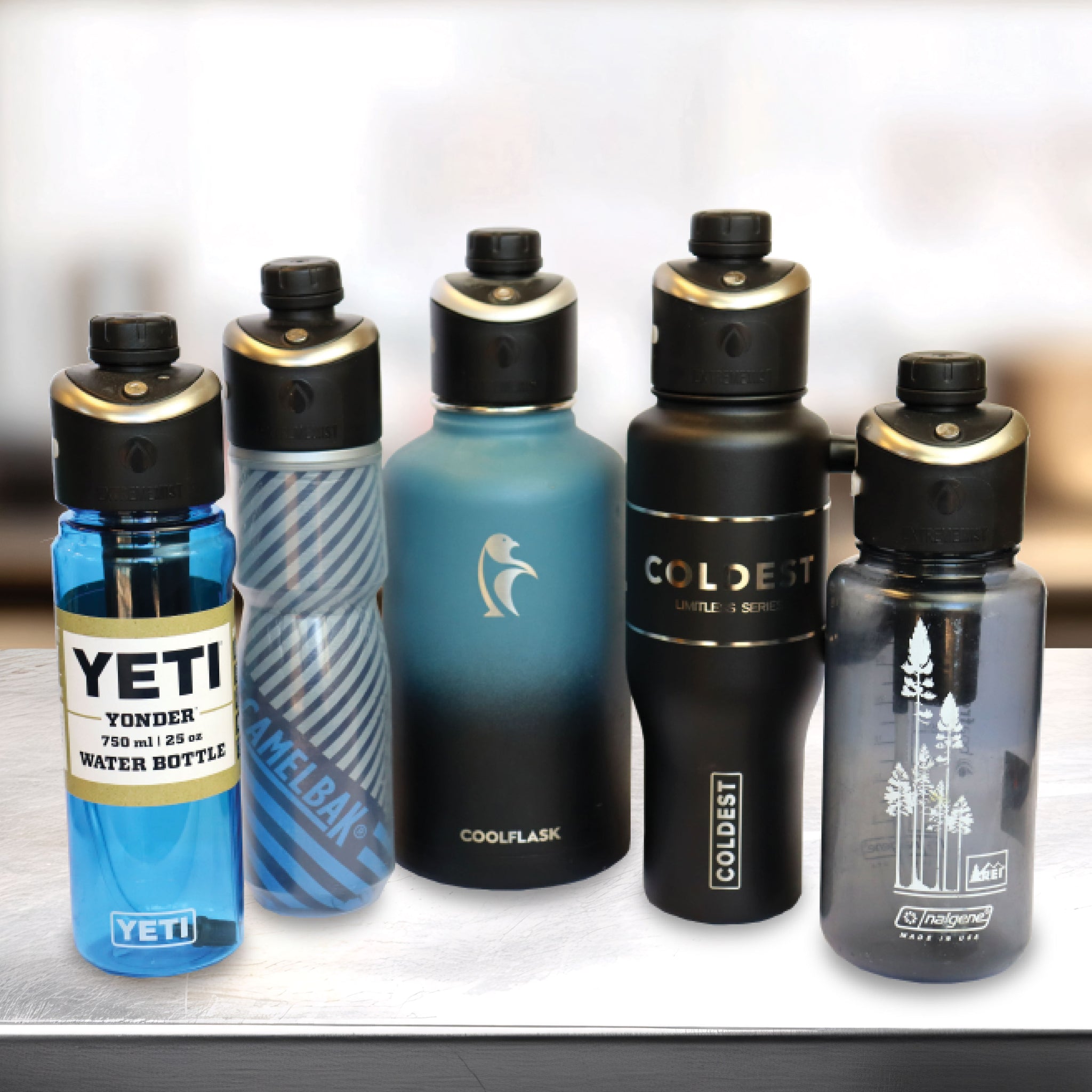 호환 보틀 5종 나란히 — YETI·CamelBak·Coolflask·Coldest·Nalgene