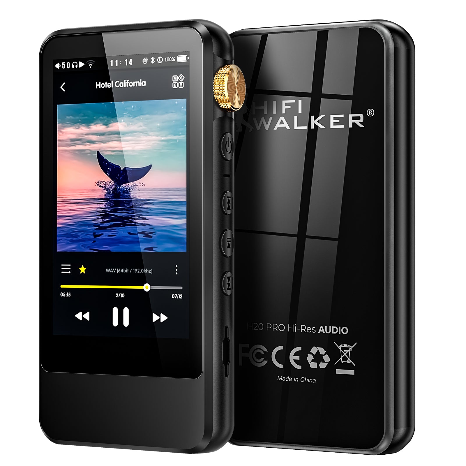HIFI WALKER H20 Pro 재생 화면 클로즈업, 노을 배경의 고래 꼬리 앨범아트