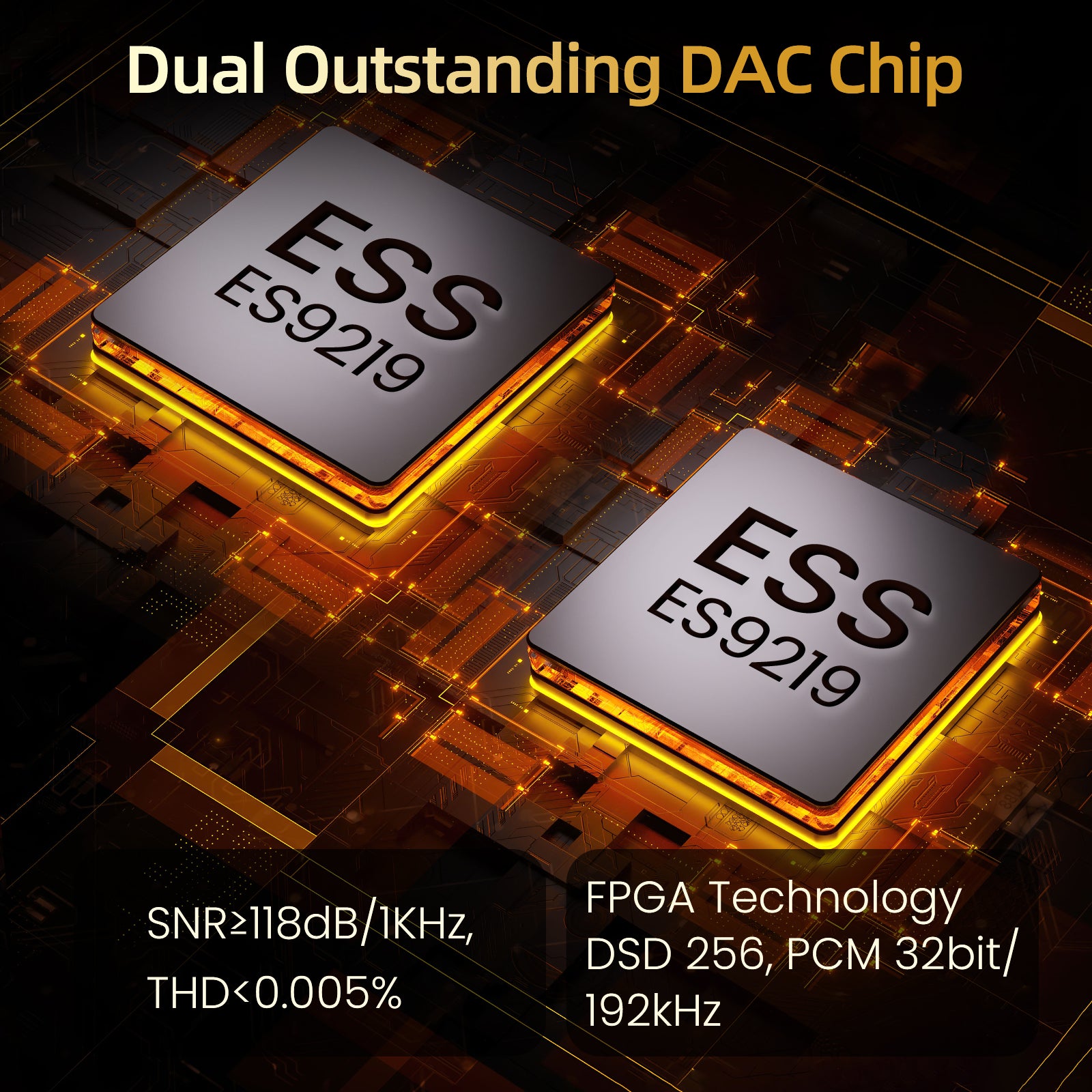 듀얼 ESS ES9219 DAC 칩 인포그래픽, SNR·THD·DSD 스펙 표기