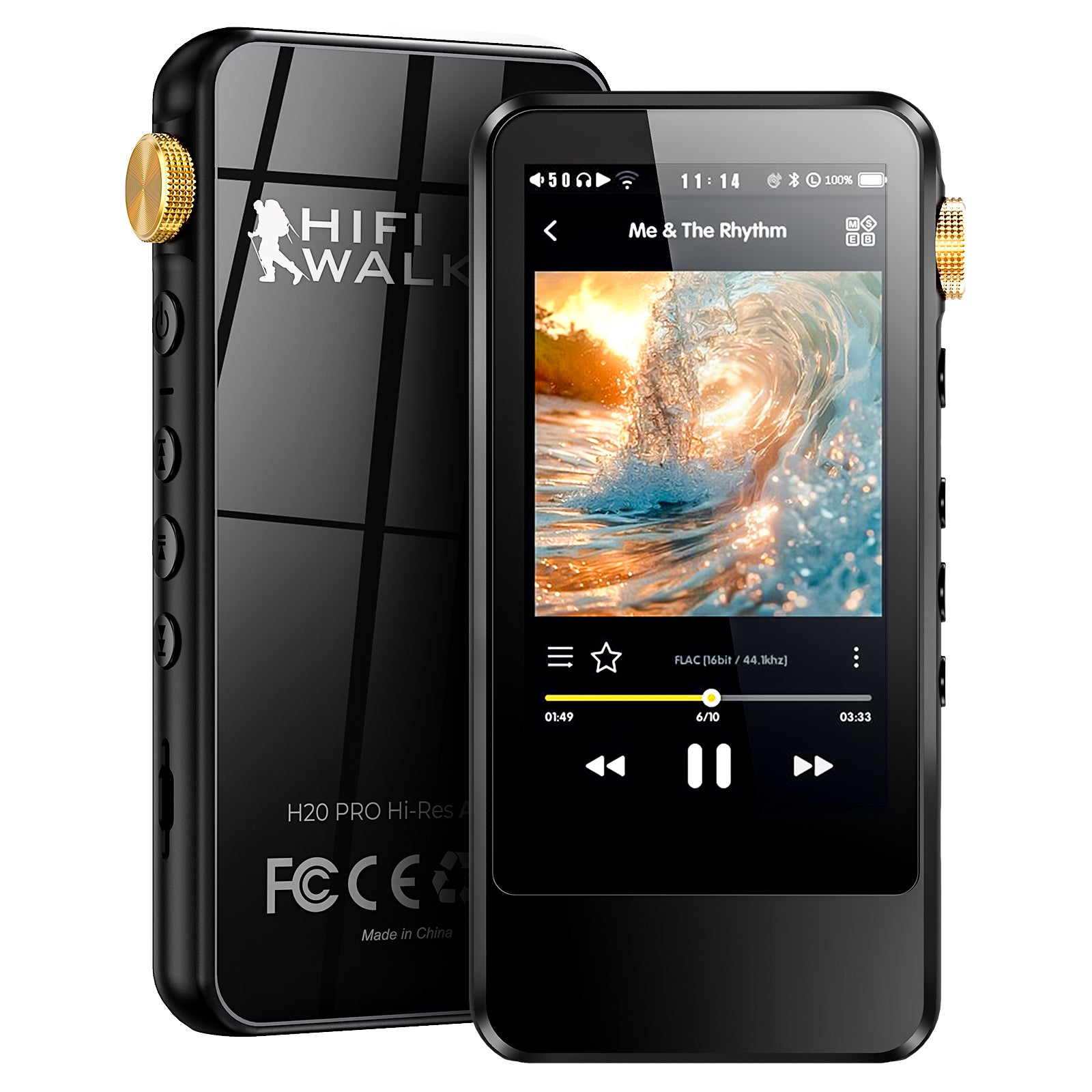 HIFI WALKER H20 Pro 전면·후면 나란히, 재생 화면과 골드 다이얼