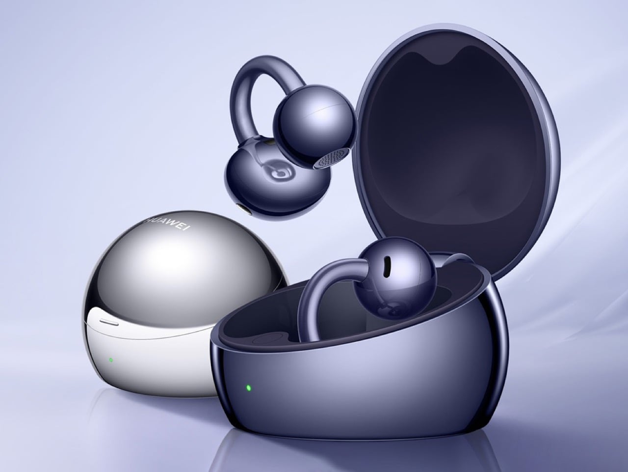 Huawei FreeClip 2S 메인 이미지, 실버·네이비 두 컬러 케이스와 이어버드