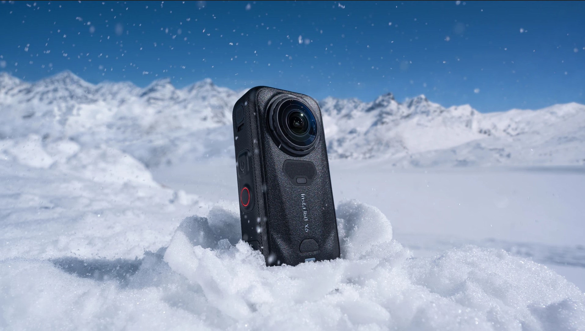 Insta360 X6 product shot in the snow