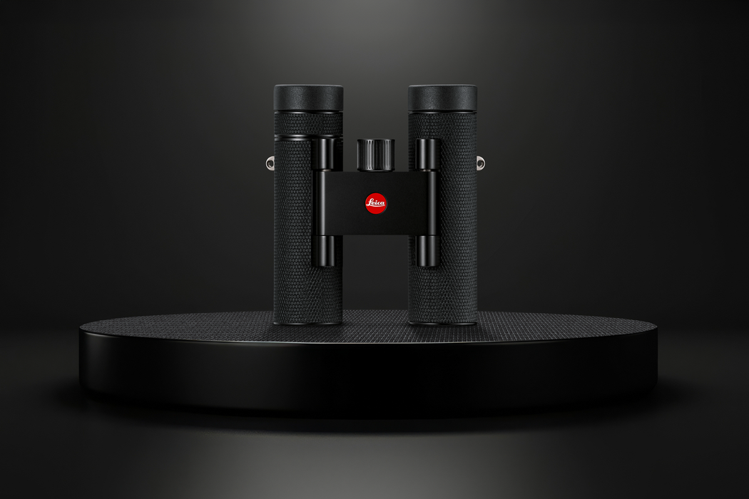 Leica Noctivid Compact 메인 이미지, 검정 받침대 위 쌍안경