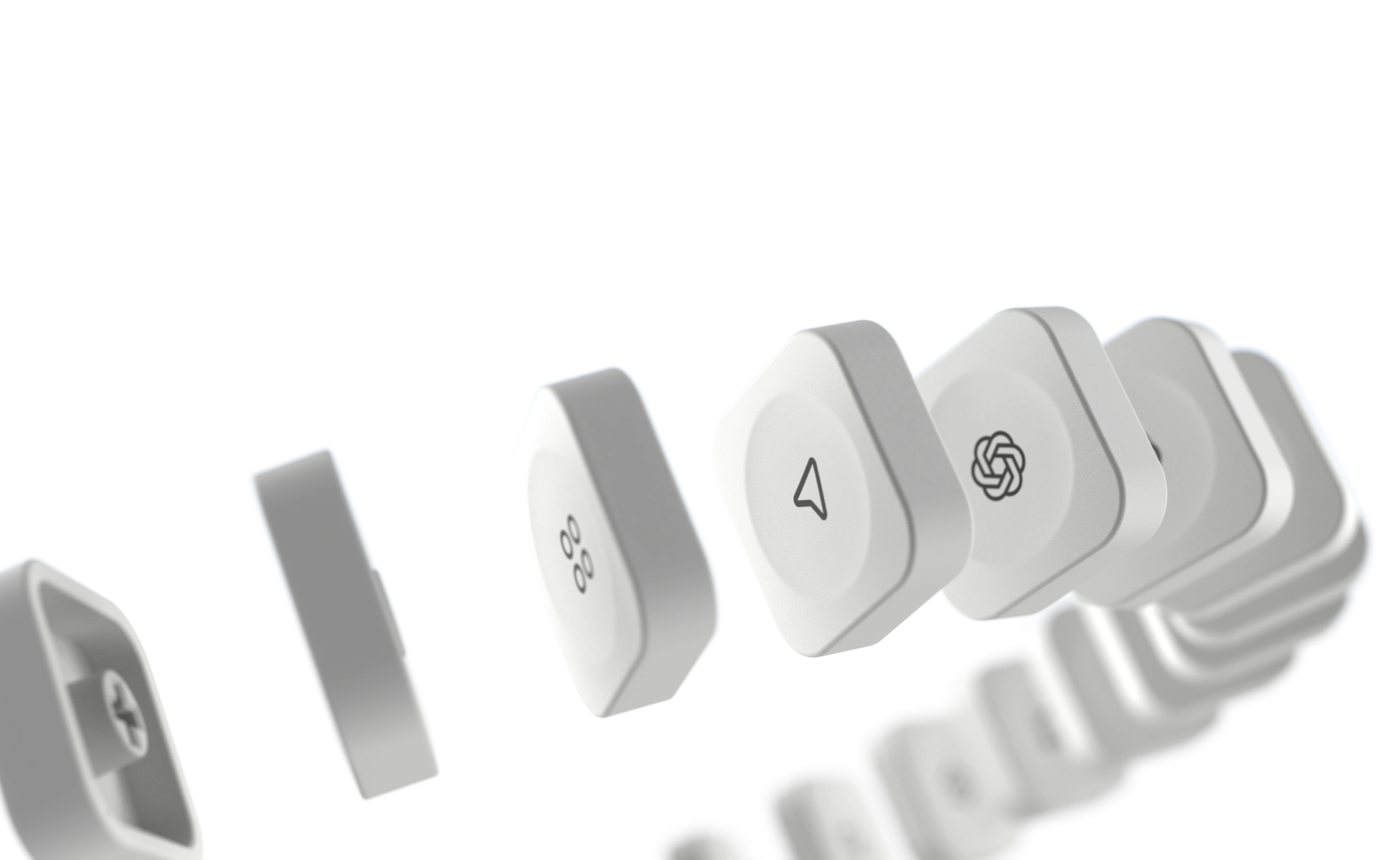 OpenAI Codex Micro individual keycaps floating — an OpenAI logo keycap and a send/arrow keycap