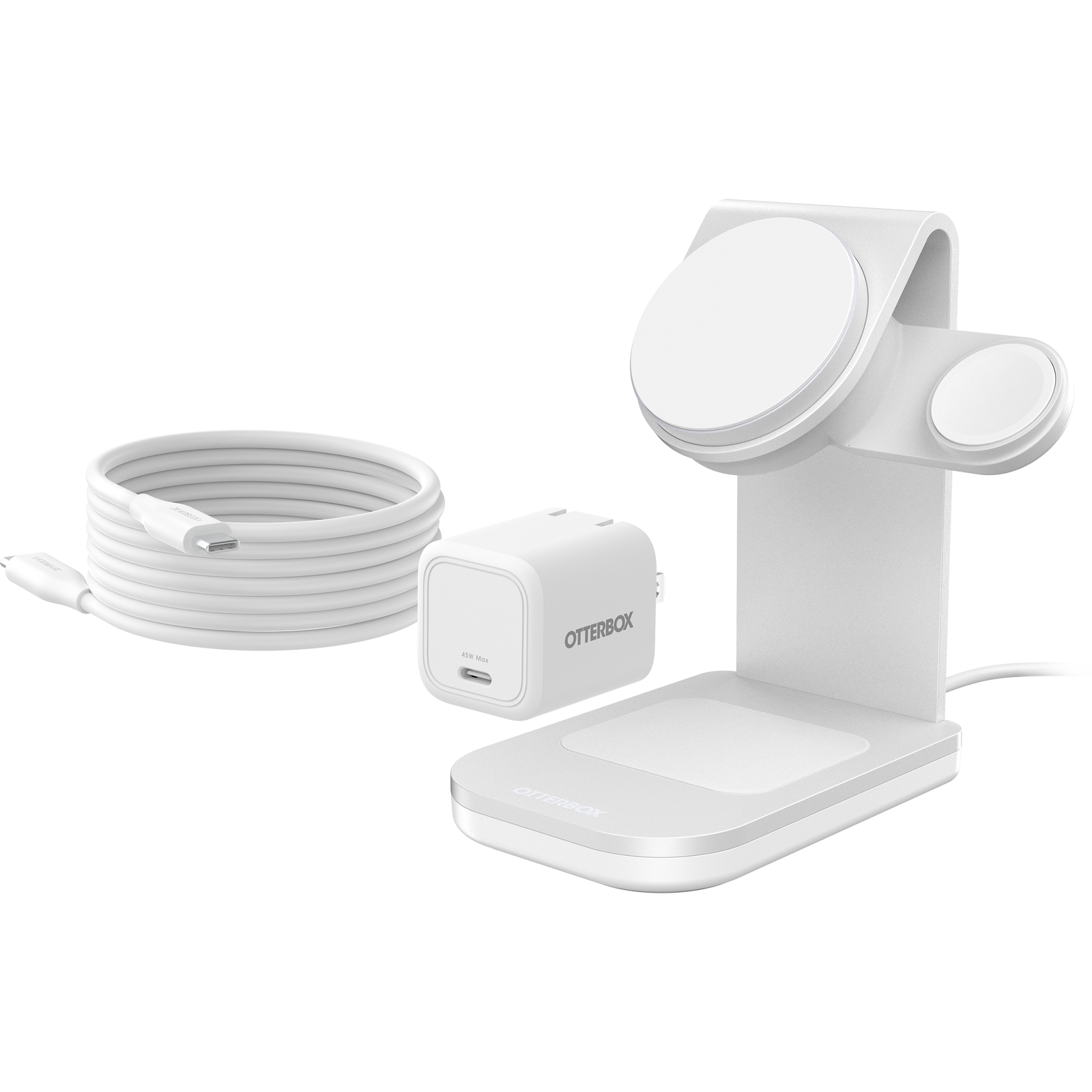 오터박스 3-in-1 스탠드 구성품, USB-C 케이블과 45W 충전기