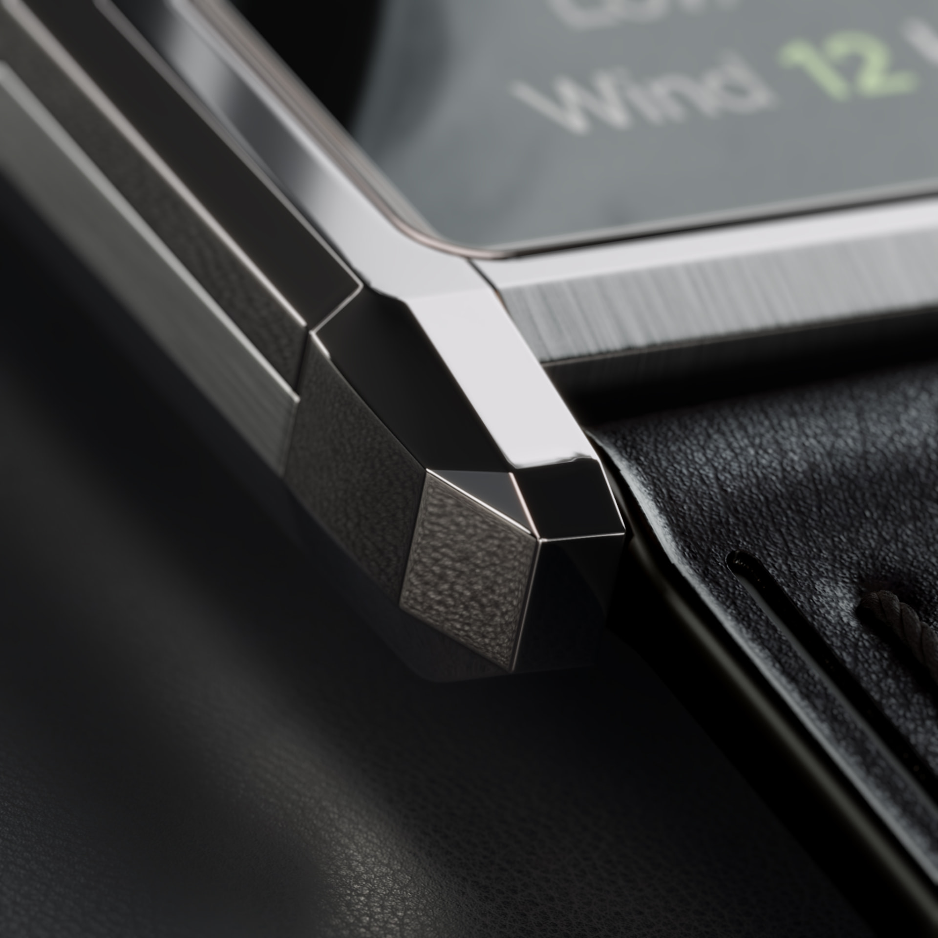 Close-up of the brushed steel case and crown