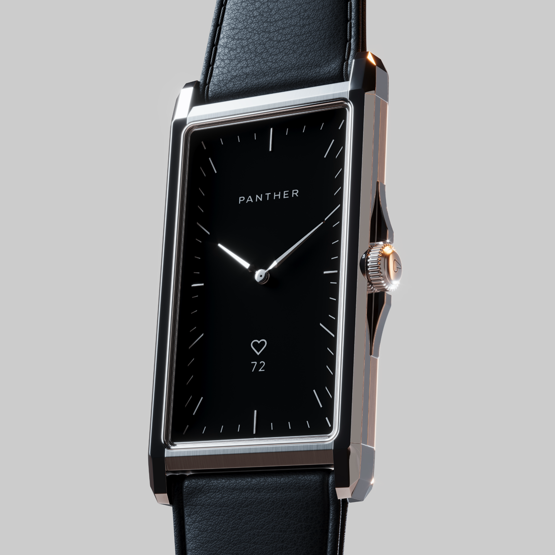 Rectangular Panther Solstice watch on a black leather strap