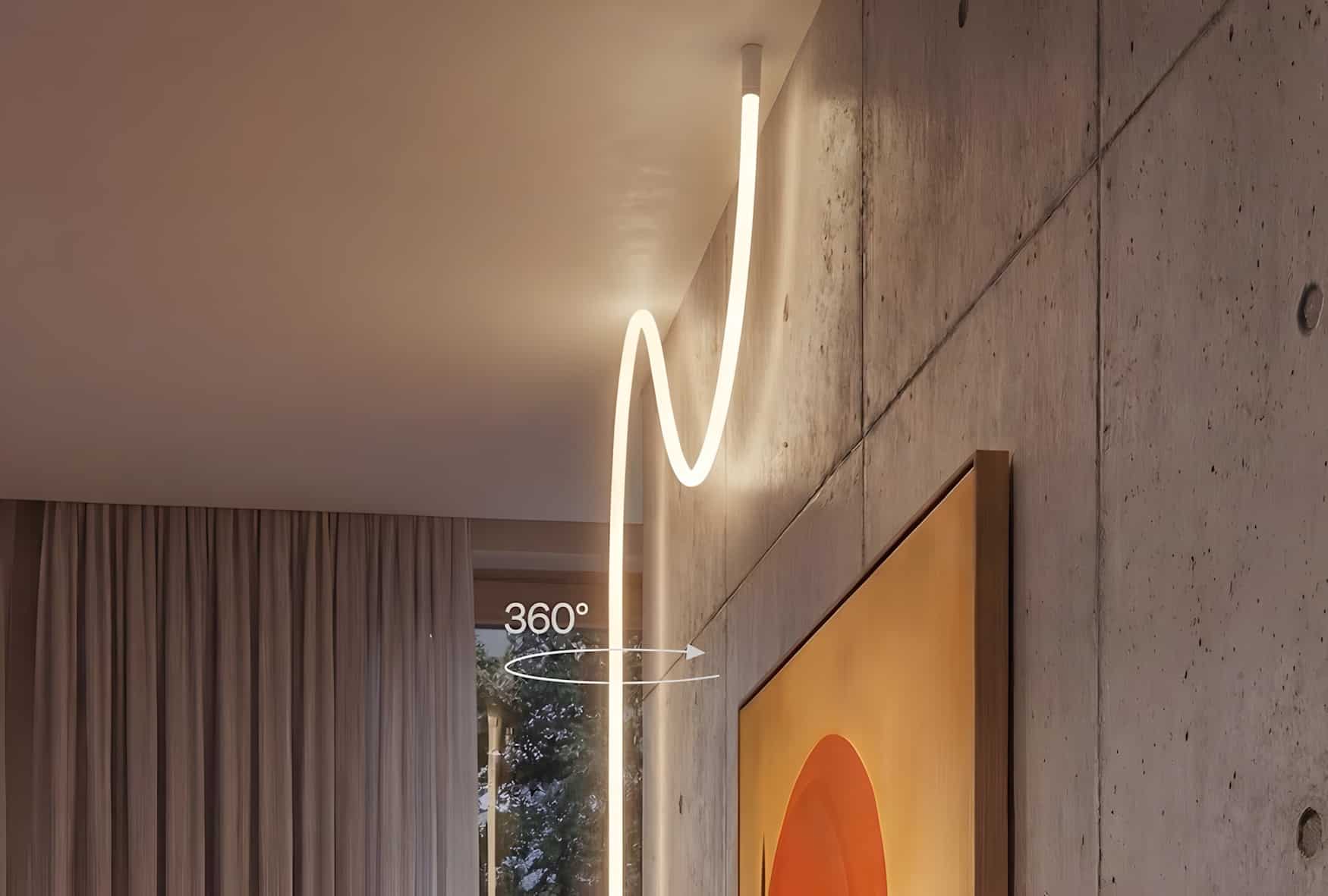 Philips Hue Liane 360 실내 설치 예시, 천장에서 벽을 타고 흐르는 곡선 조명