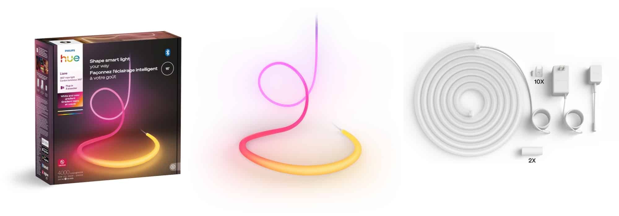 Philips Hue Liane 360 로프 라이트 패키지와 제품, 핑크에서 옐로우로 그라데이션되는 빛