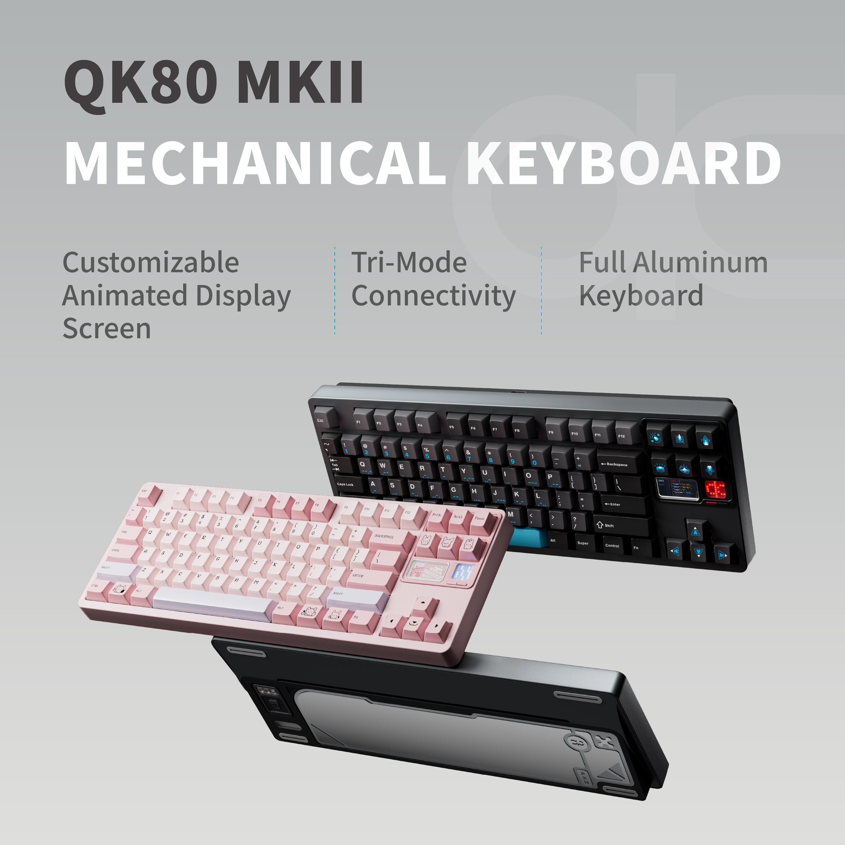 QK80 Mk2 제품 소개 이미지, 블랙·핑크 두 컬러웨이와 하단 커스텀 디스플레이 클로즈업