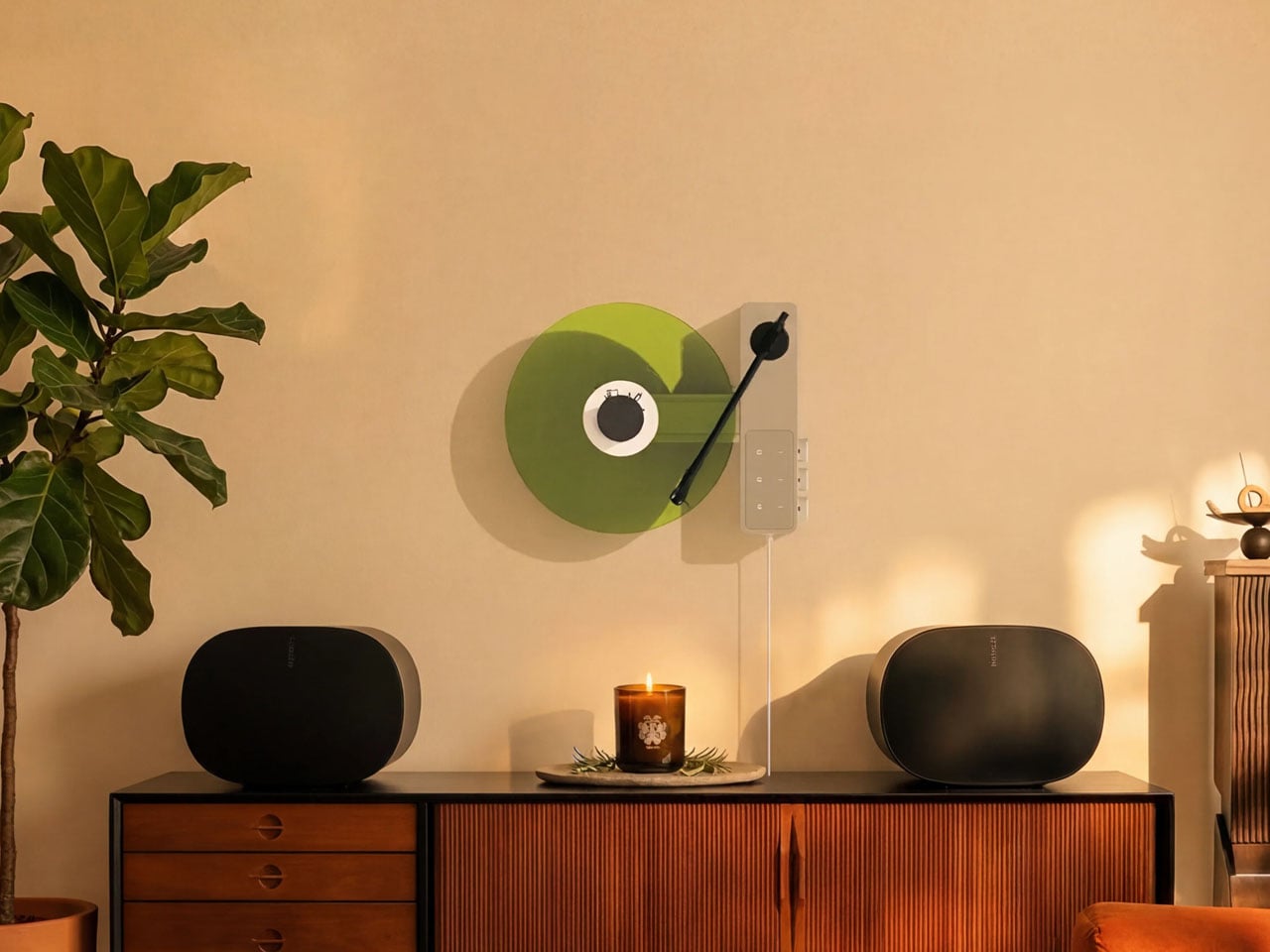 Ruka Studio TD-1 main image, a vertical turntable mounted on a living room wall