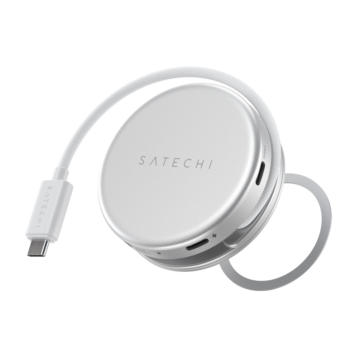 Satechi OntheGo 5-in-1 멀티포트 어댑터 메인 이미지, 실버 원형 바디와 브레이드 케이블
