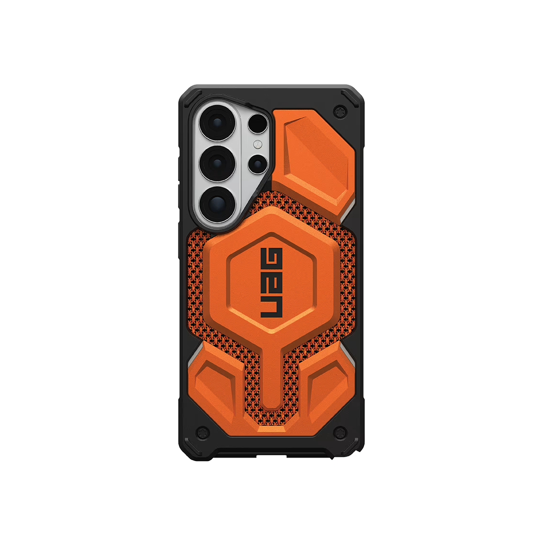 UAG 갤럭시 S26 울트라 케이스 메인 이미지, 오렌지 헥사곤 패턴 정면